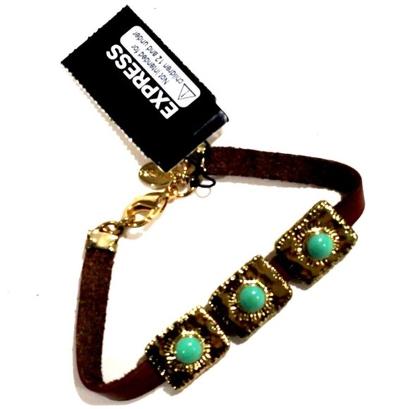 🌿 Express Brown Leather & Gold-Tone Turquoise Accent Bracelet – Boho Chic ✨ - Picture 1 of 8
